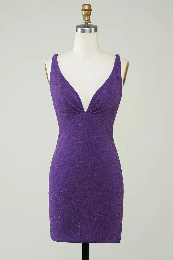 Weitese Dress Stylish Deep V Neck Purple Short Homecoming Dress Sleeveless Criss Cross Back Party Dress